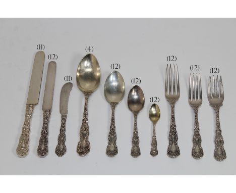 110 Pc Gorham Chrysanthemum Sterling Flatware Set. Stamped on back of each piece.  12 Dinner Forks - 852 g / 27.39 ozt  12 Sa