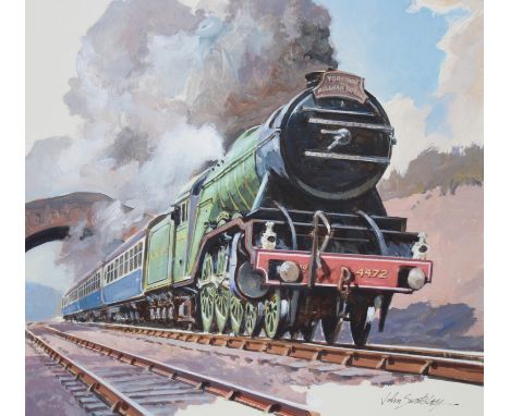 John Swatsley (American, B. 1937) "Flying Scotsman Locomotive" Signed lower right. Oil on Illustration Board. Provenance: Col
