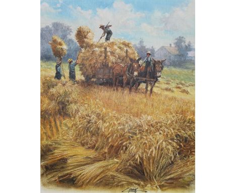 Dennis Lyall (American, B. 1946) "Amish People in the Countryside Haying" Signed lower middle. Oil on Canvas. Provenance: Col