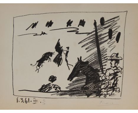 Pablo Picasso (Spanish, 1881-1973) Lithograph on wove paper. Titled: Les Banderilles, from A los toros avec Picasso, 1961, fr