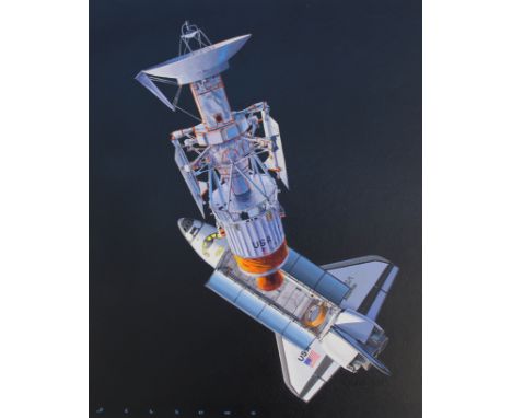 Jack Fellows (B. 1941) "Space Shuttle Atlantis" Signed lower left. Oil on Masonite. Provenance: Collection of James A. Helzer