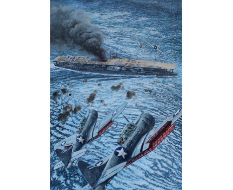 Brian Sanders (British, B. 1937) "Battle of Midway - U.S. Aircraft" Oil on Canvas. Provenance: Collection of James A. Helzer 