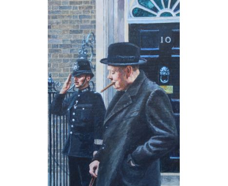 Brian Sanders (British, B. 1937) "Prime Minister Churchill Resigns" Oil on Canvas. Provenance: Collection of James A. Helzer 