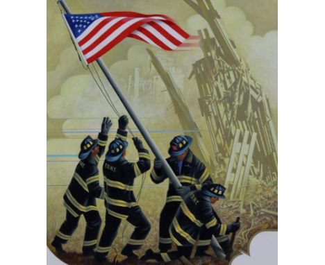 Howard Koslow (American, 1924 - 2016) "Firemen Raising the American Flag" Signed lower right. Acrylic on Illustration Board. 