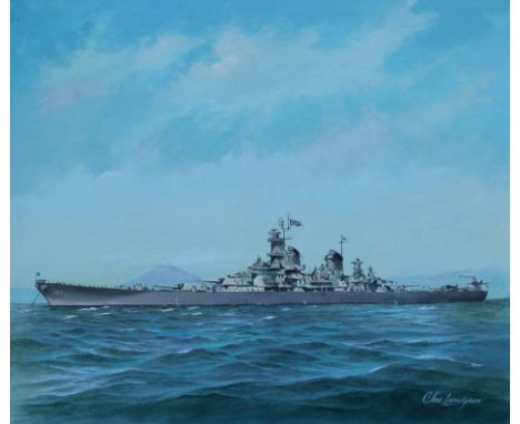Charles J Lundgren (New York, Connecticut, 1911 - 1988) "U.S.S. Missouri" Signed lower right. Oil on Masonite. Provenance: Co