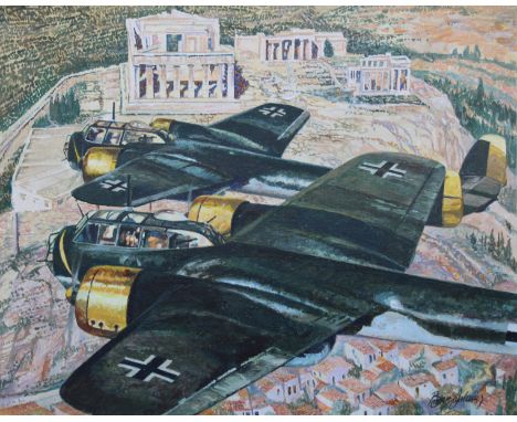 Brian Sanders (British, B. 1937) "German Invasion of Greece" Signed lower right. Oil on Canvas. Provenance: Collection of Jam