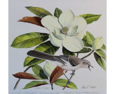 Arthur Singer (1917 - 1990) "Mockingbird and Magnolia" Signed lower right. Watercolor on Illustration Board. Provenance: Coll