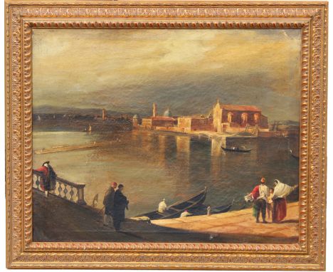 19th C. Italian School Painting with Figures. Old Master Style.  Oil on canvas.  Appears to be unsigned.  "Copy" stenciled ve