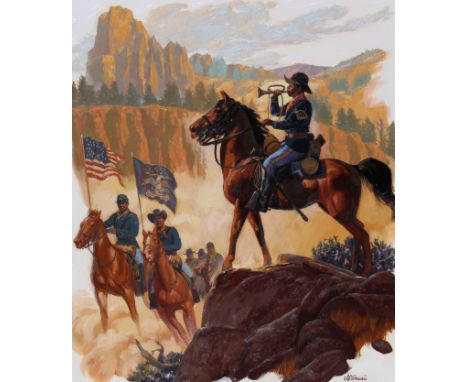 Shannon Stirnweis (B. 1931) "Buffalo Soldiers" Signed lower right. Oil on Illustration Board. Provenance: Collection of James