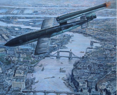 Brian Sanders (British, B. 1937) "V-1 Bombardment of England" Oil on Canvas. Provenance: Collection of James A. Helzer (1946-