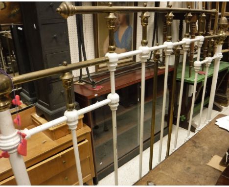 A white painted iron and brass double bed frame and two modern single bed frames and a double headboard, a walnut occasional 