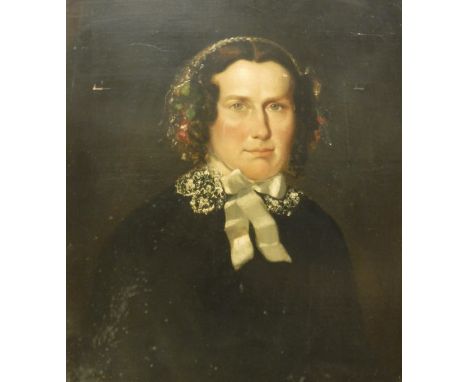 19th CENTURY ENGLISH SCHOOL "Portrait of a woman in black wearing white scarf and floral headdress", oil on board, together w