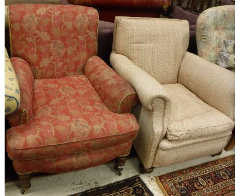 Two arm chairs, one upholstered in deep pink coliate pattern raised upon mahogany turned supports to castors and a 19th Centu