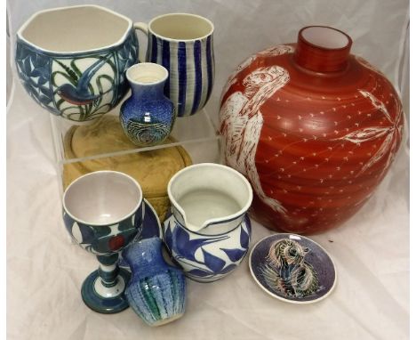 An Alan Caiger-Smith for Aldermaston bowl of faceted form decorated with birds amongst reeds, together with a Wedgwood casser