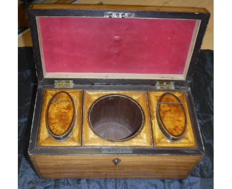 A Victorian satinwood Anglo-Indian tea caddy with sectional interior, raised on brass ball feet