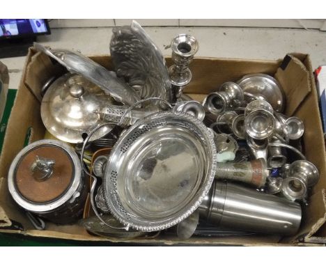 Two boxes of assorted plated wares to include a pair of twin branch three light candelabra, various salts, swing-handled bask