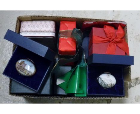 A collection of Royal Family Christmas presents (to staff) to include Halcyon Days pill boxes, a scented candle etc, some sti