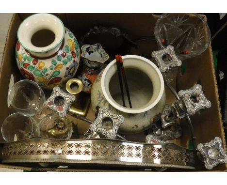 A box containing assorted china, glass and metal wares, to include a twin branch three light candelabra, a pair of brass cand