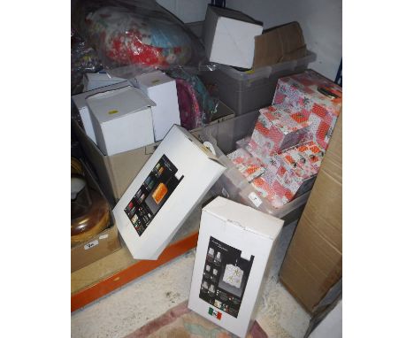Three boxes of assorted paper and wire framed lampshades, various patterned storage boxes and boxed Linear Zero lighting and 