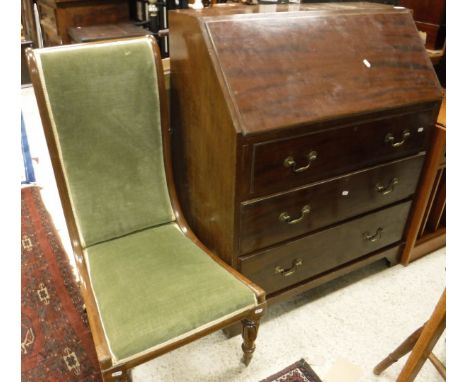 A modern mahogany bureau opening to reveal a fitted interior above three drawers raised on bracket feet, together with a Vict