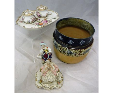 A Doulton Lambeth jardiniere decorated with various fish marked '8797' to base, together with a modern Dresden desk stand wit
