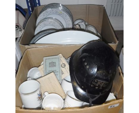 Two boxes of assorted china wares to include various commemorative wares, a small selection of Noritake "Oxford" pattern ware