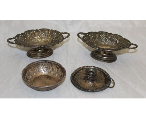 A pair of late Victorian silver twin handled bonbon dishes with leaf and foliate decoration (Birmingham 1895), a further silv