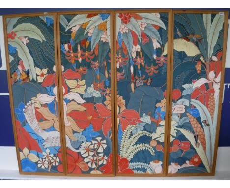 A W KARMA "Four panelled jungle scene dotted with animals", watercolour, gouache on canvas, Balinese, signed bottom right han