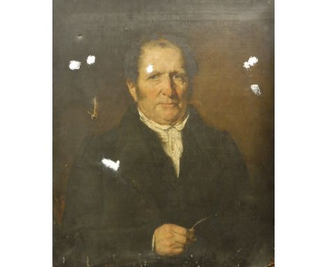 19TH CENTURY ENGLISH SCHOOL "Portrait of a man with white neck scarf holding his glasses", oil on canvas