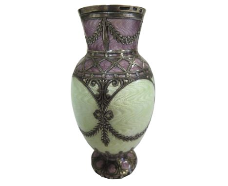 Faberge Imperial Russia silver pale green and violet enamel guilloche with applied swags and open trellis design. Stamped AH 