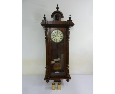Mahogany cased Viennese wall regulator with enamel dial Roman numeral, two weights, pendulum and key
