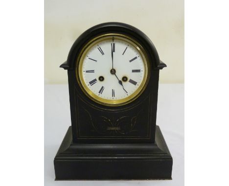 Black slate mantle clock arched top, enamel dial two train movement