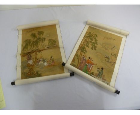 Chinese scroll painting of figures in a landscape dated 1821 and another dated 1847