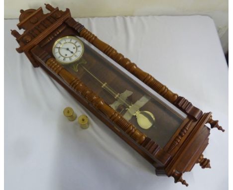 Mahogany cased Viennese wall regulator, enamel dial to include key, pendulum and weights