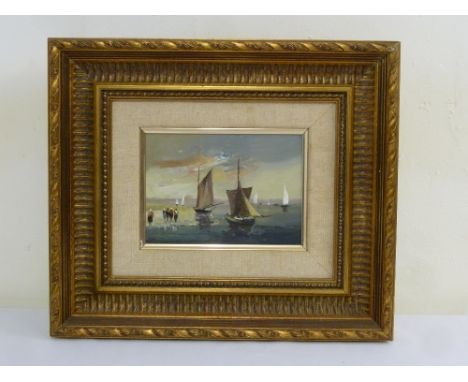 Oil on panel of a harbour scene in gilded frame, 14.5 x 20.5cm