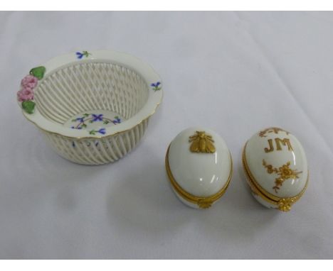 Herend lattice work bowl and two Limoges egg shaped trinket boxes