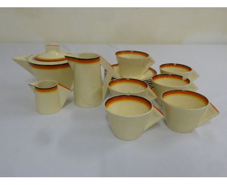 A Clarice Cliff teaset to include to include six matching cups and saucers A/F  (15)
