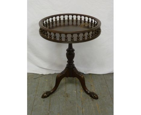 Victorian mahogany galleried wine table on tripod base with hoof feet