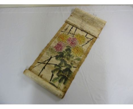 Chinese Republic period scroll painting on paper mounted on silk with images of flowers and insects