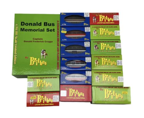 Fifteen Britbus 1:76 scale diecast and plastic models including Donald Bus Memorial Set, 6401 Scania-Metropolitan, Park Royal