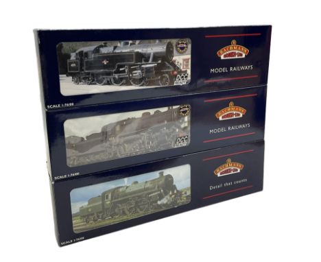 Three Bachmann '00' gauge locomotives, 31-100A Standard 4MT 75059, 32-877 Fairburn Tank 42073 and 32-585 Ivatt Class 4 2-6-0 