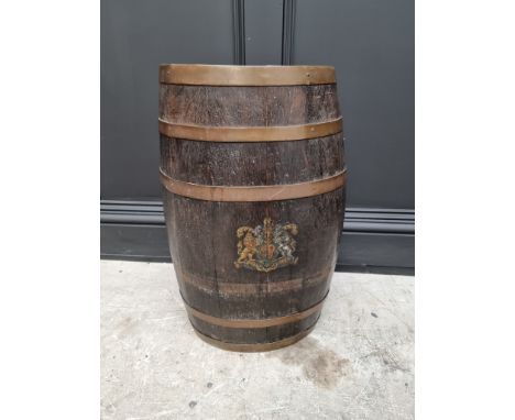 A coopered oak barrel stick stand, emblazoned with The Royal Standard, 59cm high. 