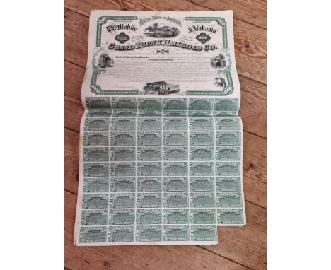 Share Certificates:&nbsp;thirteen US The Mobile &amp; Alabama 'Grand Trunk Railroad Co' $1000 bonds, each with 59 attached co