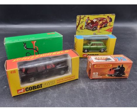 Corgi:&nbsp;a vintage Corgi 334 Mini-Cooper, in original box with leaflet; together with a Corgi 418; Matchbox 43 Steam Locom
