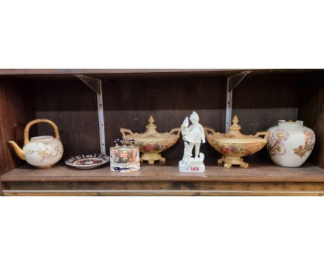A pair of Royal Worcester blush ivory twin handled vases and covers,&nbsp;22cm wide; together with other items, (some damage)