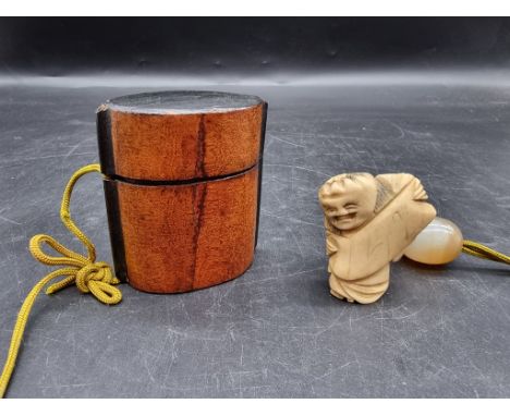 A Japanese wood inro and cover; with bone netsuke and agate ojime.  