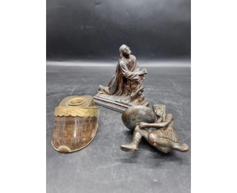 A Victorian brass mounted hoof inkwell, together with other items, to include opaque glass and printed portrait miniatures. 