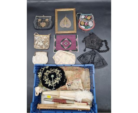 A collection of handbags and fans,&nbsp;to include bone examples; together with a Chinese celadon lacquer chop stick set.&nbs