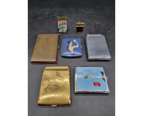 Five vintage cigarette cases; together with a Chinese enamel matchbox case; and a small lighter. (7) 