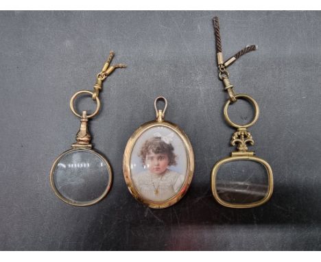 English School,&nbsp;late Victorian, bust length portrait miniature of a young girl, on ivory, 4 x 3cm oval; together with tw